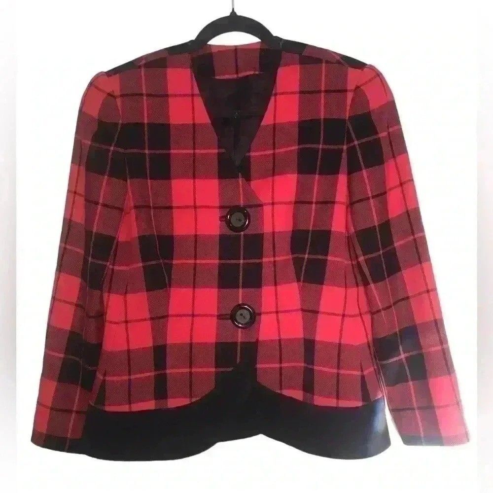 David Hayes Plaid Jacket Red Black Wool Blazer Women Size 10 Made in USA